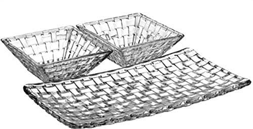 Crystal Glass Rectangular Mesh Design Serving Dinner Tray Dish Set (1 Platter and 2 Square Bowl, Clear) 3 Pieces