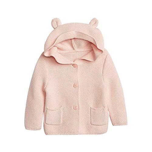 GAP Knitted Cute Bear Hoodie Sweater For Baby With Bear Ears, Size 6-12 M - Milkshake Pink