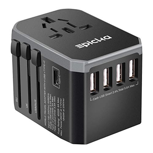 EPICKA Universal Travel Adapter One Worldwide International Wall Charger AC Plug Adaptor with 5.6A Smart Power and and 3.0A USB Type-C For USA EU UK AUS Cell Phone Tablet Laptop (Grey), (Renewed)