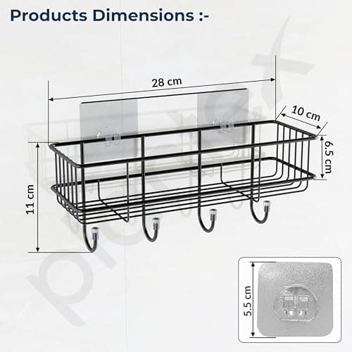 GI Steel Self-Adhesive Multipurpose Bathroom Shelf with Hooks/Towel Holder/Rack/Bathroom Accessories - Wall Mount (Black)