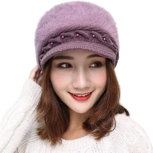 VALDEZWomen and Girl's Winter Visor Hat Beret for Women Knit Beanie Cabbie Stylish Winter Visor Cap Faux Fur Warm Skullcap (Visor Cap Pack 1)