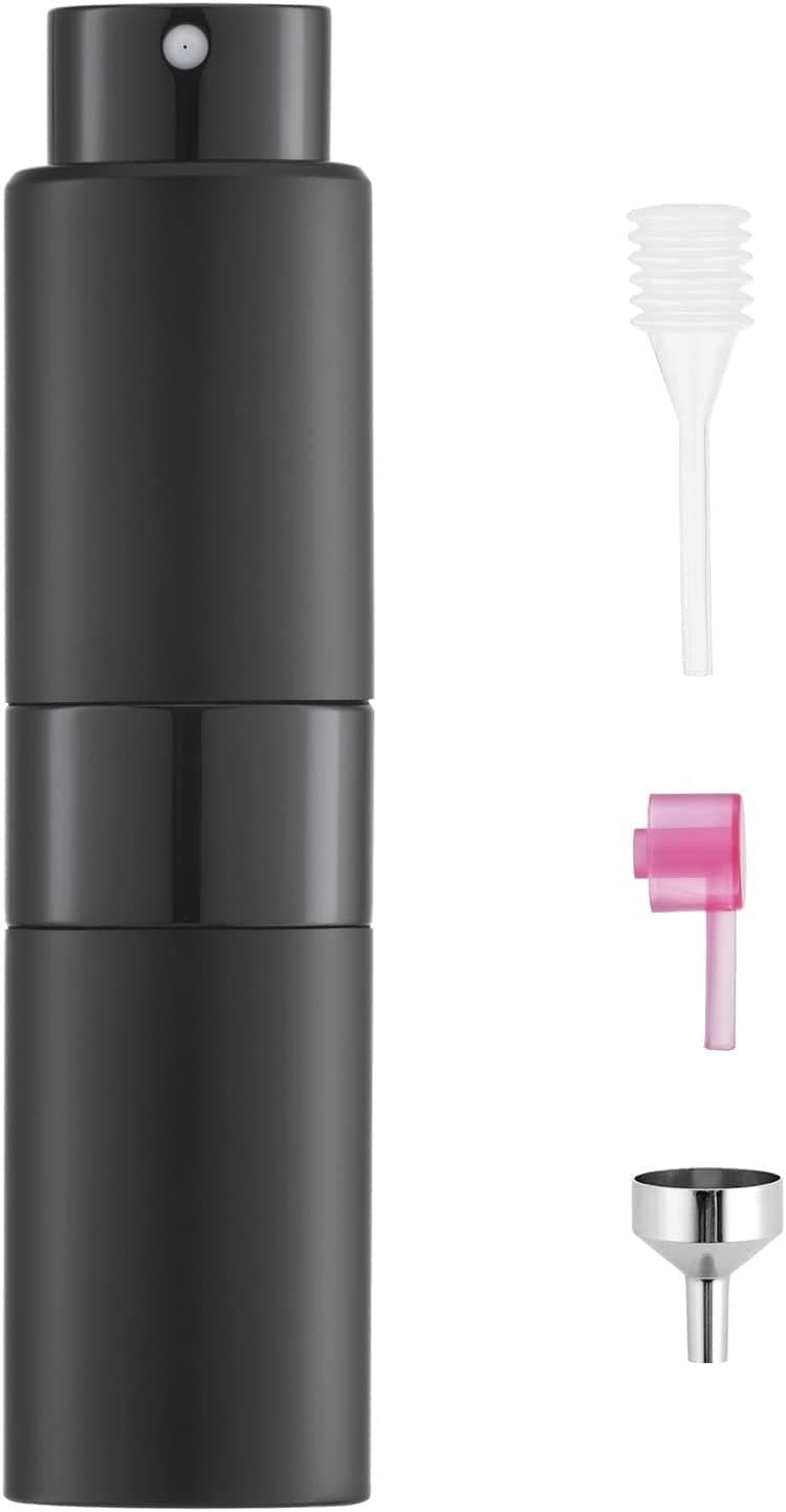 Street27® 8ml Empty Perfume Bottle - Refillable Atomizer Spray, Portable Mini Pocket Travel Glass & Aluminum Dispenser With 3 Types of Refill Pump - Matte Black