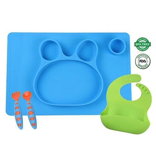 Mealtime Essentials, Silicone Bunny Placemat, Ultra Soft Silicone Bib, Child-Safe Spoon & Fork Set by SunKewl
