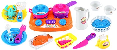 Happy Dinner Time Pretend Play Toy Kitchen Play Set w/ Toy Stove, Plates, Utensils, Food