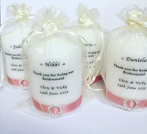 Bagsoflove Gifts Personalised Bridesmaid Candle Gift - ANY TEXT ANY Colour ribbon -Wedding Pillar Candle Favour In a Gift Bag With Diamond & Flower Embellishment