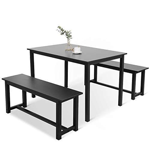 BAHOM 3 Pieces Kitchen Dining Table with Bench Set for 2 Solid Wooden Tabletop and Steel Support Structure for Home, Kitchen, Dining Room (Black, 1pc)