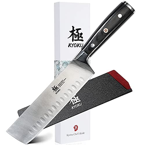 KYOKU Samurai Series Nakiri Knife, 7-Inch, Full Tan, Japanese High Carbon Steel Knife, Pakkawood Pattern, Mosaic Pin Included, Sheath & Case