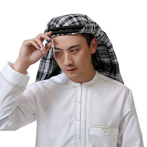 Adult Men Arab Head Scarf Keffiyeh Middle East Desert Shemagh Wrap Muslim Headwear Arabian Costume Accessories (Black Plaid)