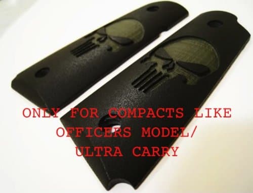 Custom OFFICERS/COMPACT "Punizher Skull" Gritty High-Impact Polymer 1911 Grips in OD Green on Black