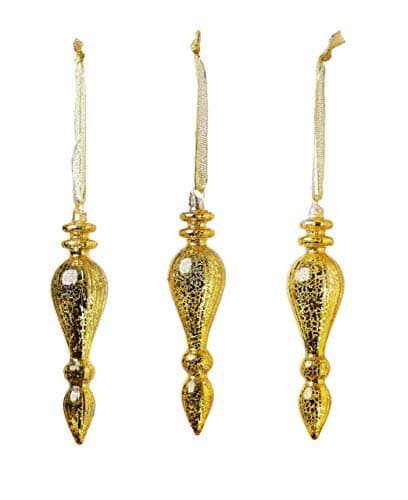 Holiday Adornaments Vintage Glass Christmas Ornaments | Set of 3 | Gold Xmas Decor | Tear Drop Tree Decorations