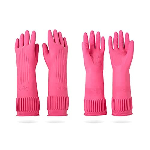 DABOGOSA Mamison 2 Pairs Reusable Waterproof Household Dishwashing Cleaning Rubber Gloves, Non-Slip Kitchen Glove