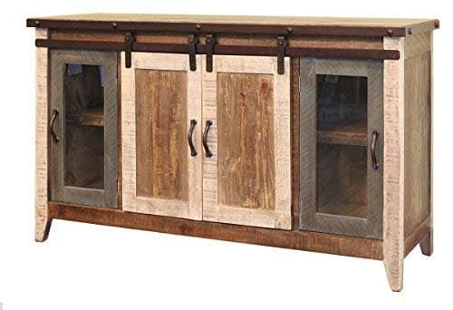 Burleson Home Furnishings Anton Distressed White Sliding Barn Door Farmhouse 60 Inch Tv Stand with Brown Wood Top and Hand Forged Custom Handles. Fully Assembled Shabby Chic Console (Multi Color, 60)