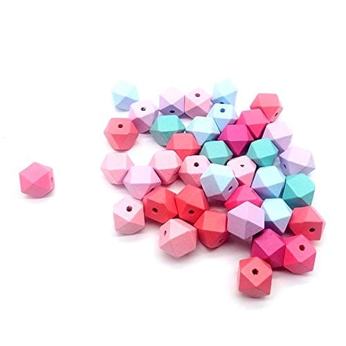Exasinine 40 Pcs Candy Colors Geometric Wooden Beads 16 Face Wood Ball for DIY Craft Jewelry Making, 0.78 Inch (Geometric)