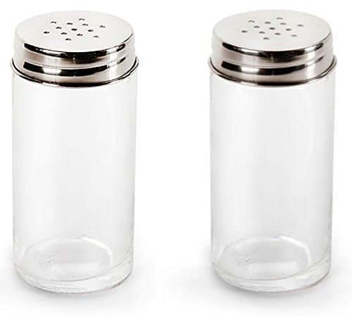 Set of 2 Kitchen Classics Salt and Pepper Glass Shakers with Stainless Steel Tops.