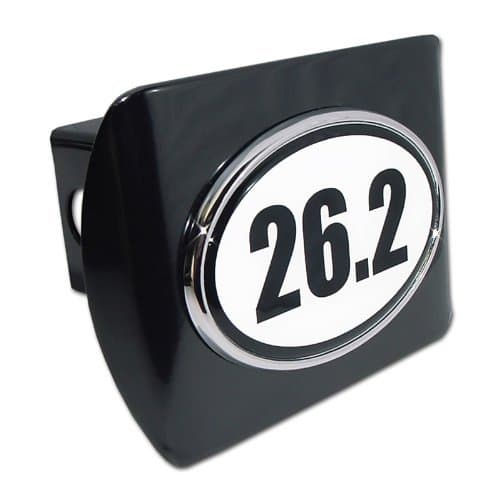 Marathon "26.2" Premium Black Metal Trailer Hitch Cover with White Oval Logo