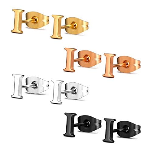 JewelrieShop Initial Letter Stud Earrings Hypoallergenic Alphabet A-Z Girls Earrings for Sensitive Ears (Letter I x 4 Pairs)