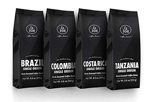 Single Origin Whole Bean Coffee Variety Pack - Costa Rica, Brazil, Colombia and Tanzania Roasted Coffee Beans from Cafe Joe USA, Four 1 Kg (2.2 Lb) Bags - Light and Dark Roast