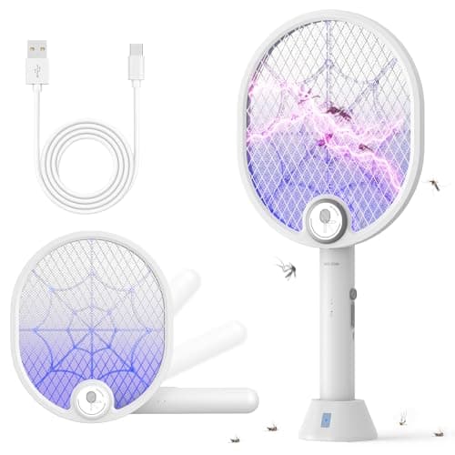 Buzbug Electric Fly Swatter, Type-C Rechargeable Bug Zapper Racket with Charging Base, Foldable Bug Zapper for Indoor and Outdoor, Mosquito Swatter with Blue-Purple Working Light