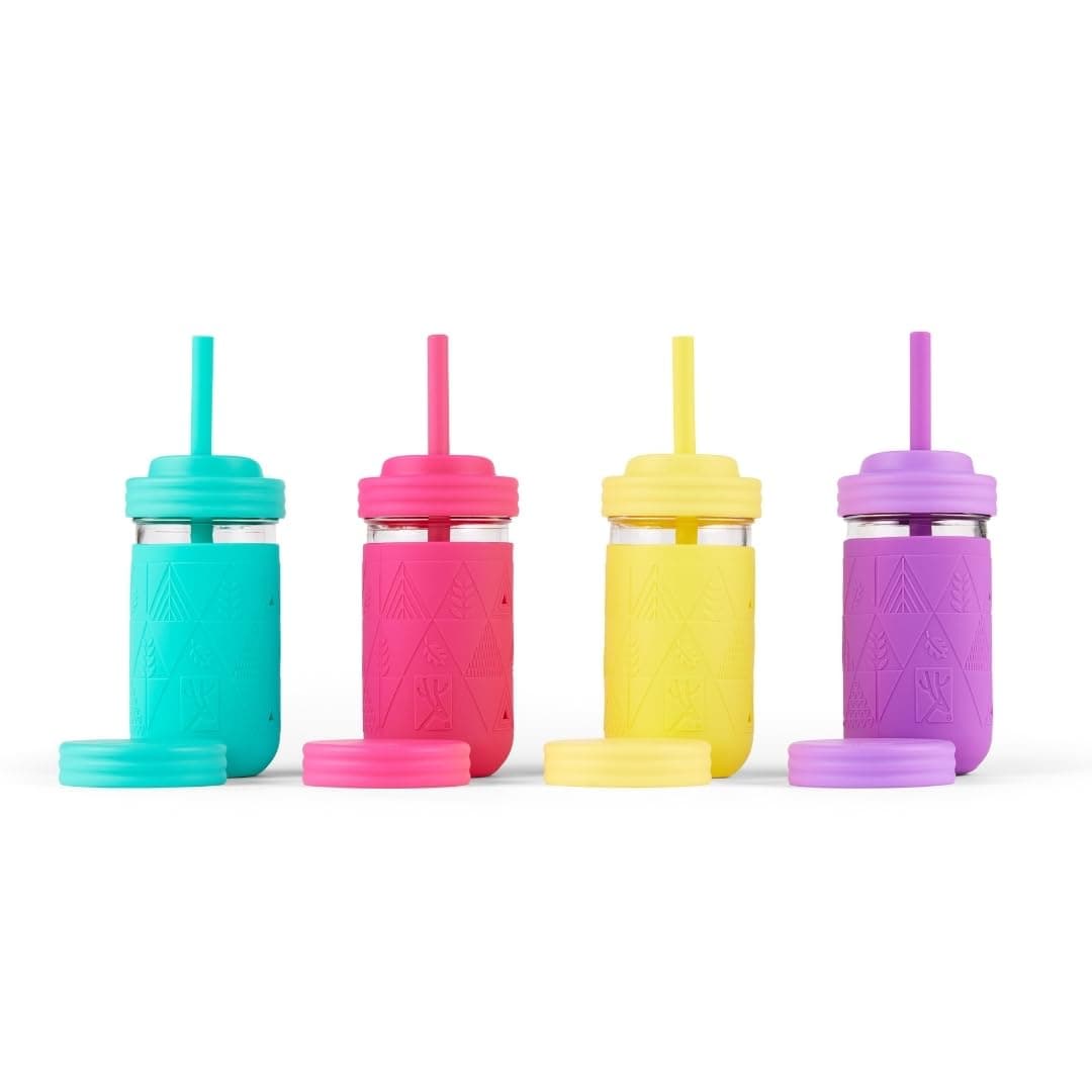 Elk and Friends Kids + Toddler Glass Cups | The Original 12oz Glass Mason Jar with Sleeves + Lids | Silicone Straws + Stopper | Smoothie Cup | Food Storage | Spill Resistant | Dishwasher Safe | 4 Pack