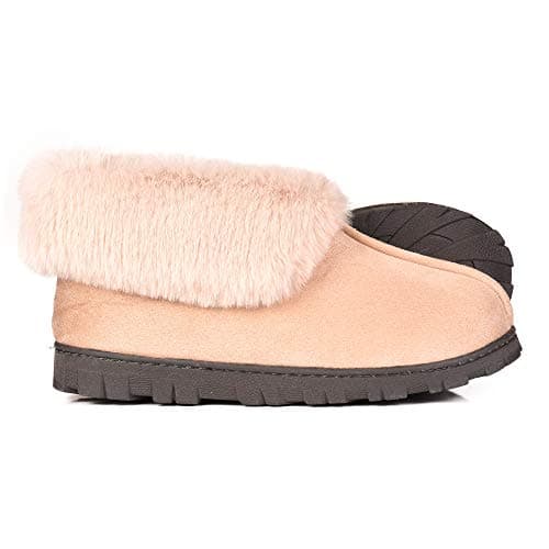 EuropeanSoftest Women's Micro Suede Faux Fur Fleece Lined Cozy 80-D High-Density Memory Foam Slipper Bootie Breathable House Shoes with Non Skid Indoor Outdoor Sole (5-6, Beige)
