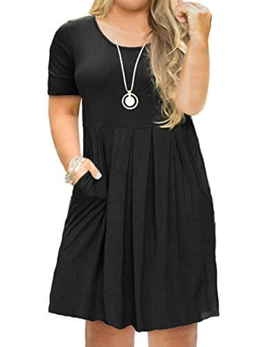 FOLUNSI Women's Plus Size Short Sleeve Pleated Casual Shirt Dress with Pockets