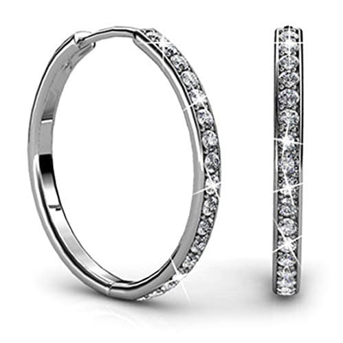 JADE MARIE FASHIONJade Marie AMBITIOUS Large Silver Hoop Earrings, 18k White Gold Plated Round Hoop Earrings with Swarovski Crystals, Beautiful Sparkling Hoops with 17 Channel Set Stones, Hoop Dangle Earrings for Women