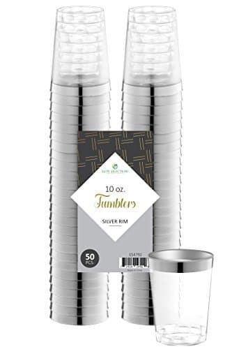 Silver Plastic Cups 10 Oz. Pack Of (50) Clear Disposable Plastic Cups - Silver Rim Cups - Fancy Hard Plastic Cups - Party Accessories - Wedding - Elegant Clear Cups- Tumblers