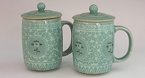 Antique Alive Tabletop 2 Celadon Jade Blue Glaze Chrysanthemum Arabesque Flower Design Personal Green Ceramic Pottery Porcelain Tea Coffee Cup Mug Teacup Lid Gift Set