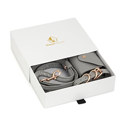 Matching Dog Walking Accessories (Small, Grey): 3 in 1 PU Leather Set with Adjustable Leash, Collar and Essentials Bag for Poop Bags, Keys, Treats and Cards in Gift Box - Walk Your Dog in Style