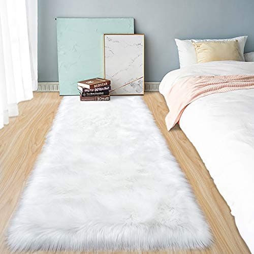 junovo Luxury Fluffy Area Rugs Furry Rug for Bedroom Faux Fur Sheepskin Nursery Rugs Fur Carpet for Kids Room Living Room Home Decor Floor Mat, 2.3ft x 6ft White