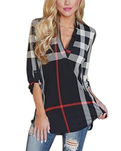 Akery Women's 3/4 Sleeve Casual Plaid Shirt Blouse Tops,Black,X-Large