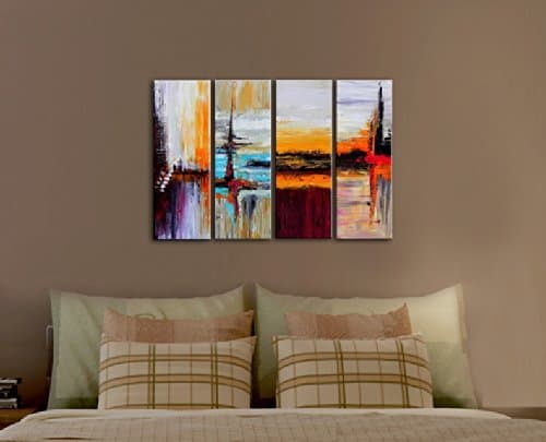 Ode-Rin Art Christmas Gift Hand Painted Oil Paintings Gift Landscapes Abstract 4 Panels Wood Inside Framed Hanging Wall Decoration
