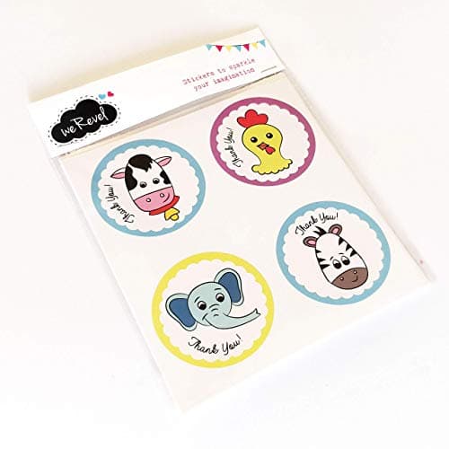 weRevel Paper Jungle Theme Thank You Party Stickers, 40 Count, 2 Inches, Round, 20 Unique Designs, Self Adhesive