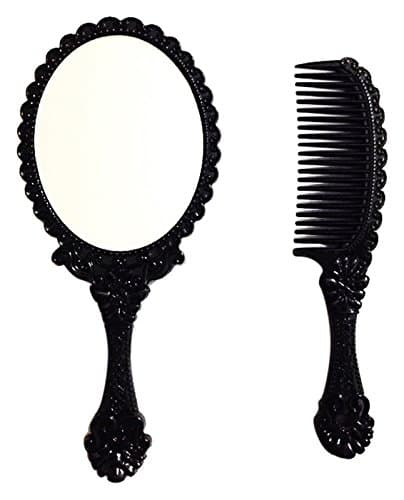 Inpouch Vintage Style Mini Hand Held Mirror Comb Set Makeup Mirror Hair Brush, Black
