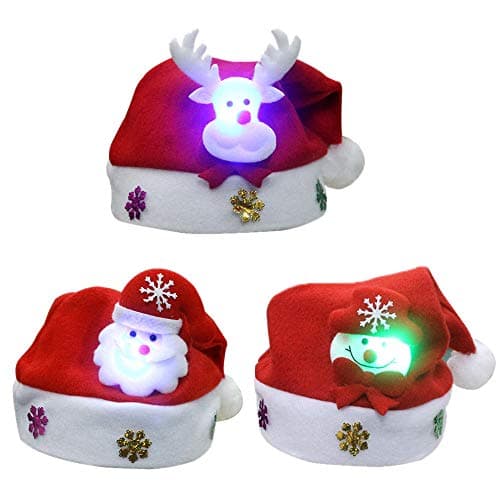 Christmas Hat Funny Santa Snowmen Reindeer Christmas Party Hat 3 Pack LED Light Up Headband Soft Comfort Flannel Christmas Party Kit 11.4 Inch Wide Size for over 8 years old