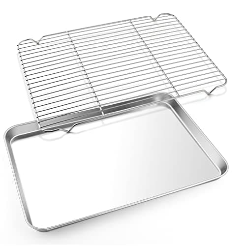 E-far Cookie Sheet with Rack Set, Half Sheet Baking Pan for Oven Cooking, 18”x13” Stainless Steel Rimmed Tray with Wire Cooling Rack for Roasting Broiling Bacon Meat Steak - Dishwasher Safe