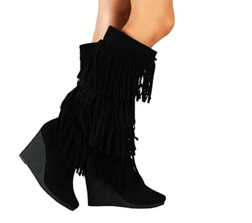 Womens Fringe Wedge Knee High Heel Moccasin Boots in Black, Tan