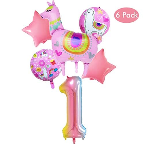 DreamJ 6PCS Alpaca Llama Foil Balloons, 1st Birthday Party Balloons Decorations with Animal Alpaca Balloons Star Balloons 1th Balloons for Baby Girls Birthday Party Supplies