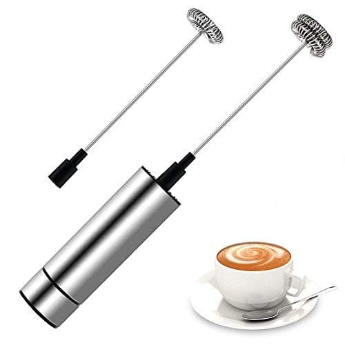 Portable Handheld Electric Milk Frother with 2 Pieces Powerful Spring Whisk Head, Premium Stainless Steel Milk Foam Maker for Coffee, Latte, Cappuccino, Hot Chocolate