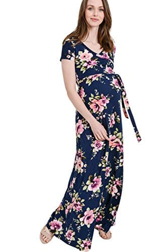 HELLO MIZ Women's Floral Print Draped Short Sleeve Long Maxi Maternity Dress (Navy Short SL, M)