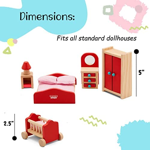 Wooden Dollhouse Furniture Set - 27 Piece Kit - Living Room, Bedroom and Kitchen Accessories, 100% Natural Wood, Nontoxic Paint, Smooth Edges