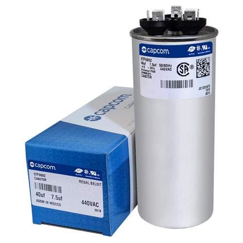 GE Genteq Capacitor round 40/7.5 uf MFD 440 volt 97F9882 (replaces old GE# Z97F9882 & 97F9882BZ3), 40 + 7.5 MFD at 440 volts