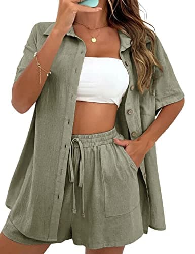APAFES Women Summer Cotton Linen Short Sets 2 Piece Shorts Top Lounge Beach Vacation Two Piece Outfits Tracksuits
