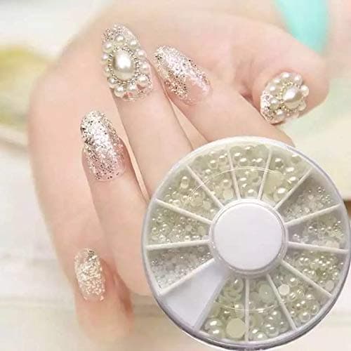 White Pearl Nail Art Stone,Different Size Rhinestones Beads in one Wheel, Diamonds Dazzling Tips Nail Sticker Sequins Colorful Nail Art Decoration (3 Shapes White Pears)