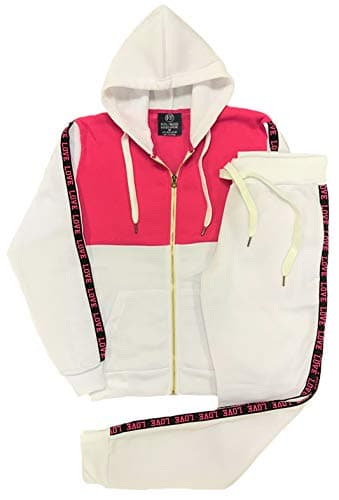 Women’s Lightweight Soft Fleece Sweat Suit Jogger Sweat Jacket Sweat Pants Activewear Love Stripe Outfit (White/Pink, L)
