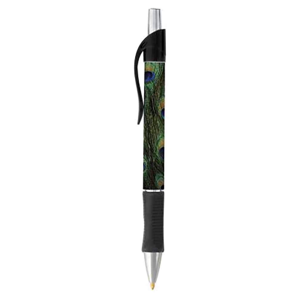Peacock Print Pen - Black or Blue Writing Ink - Wildlife Nature Bird Design - Stationery Gift - Office Business School Supplies (BLACK INK)