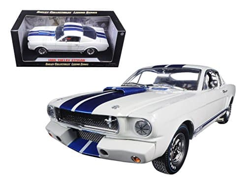 Shelby Collect White with Blue Stripes 1965 Ford Shelby Mustang GT 350R with Printed Carrol Shelby Signature on the Roof 1/18 (SC168-1)