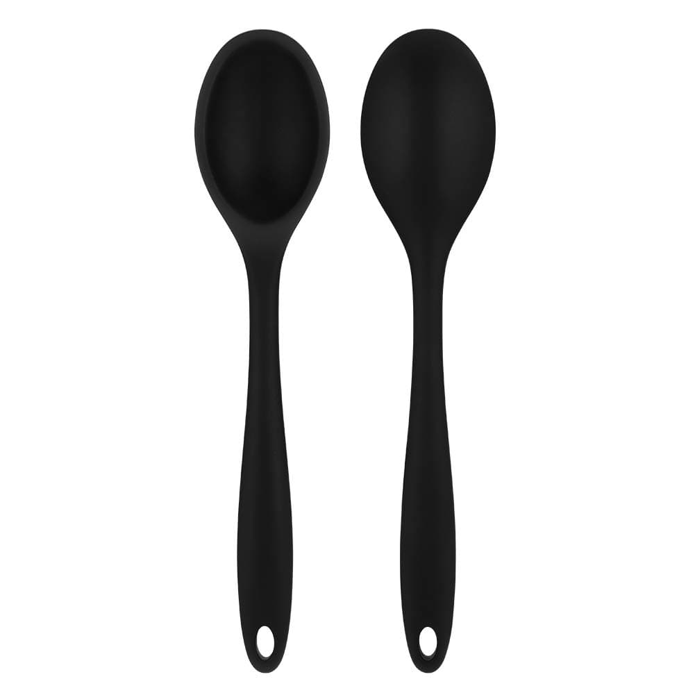2 Pcs Silicone Nonstick Kitchen Spoon Set, Heat-Resistant Black Cooking Spoons for Stirring Scooping and Mixing