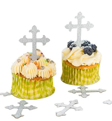 Baptism Cross Cupcake Toppers silver 50pcs, Cupcake Desserts Pastries Decoration, Cross Party Supplies for Baptism, Christening, religious event, First Communion or confirmation, wedding, baby shower