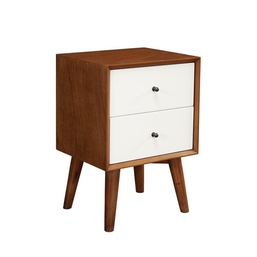 Flynn Mid Century Modern Mahogany Fully Assembled Bedroom Side Nightstand with 2 Bedside Storage Drawers, White/Chestnut